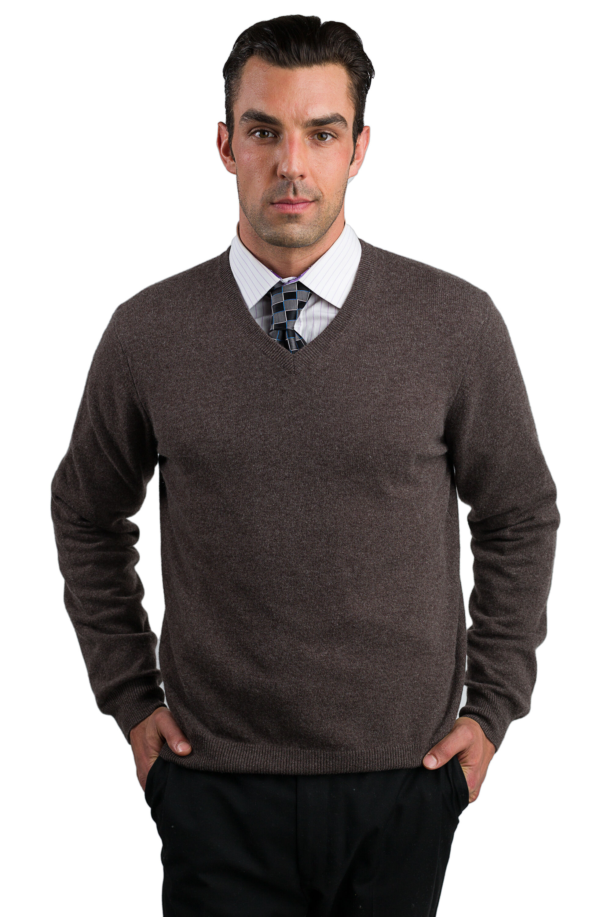 Net zo Stralend Glans Brown Men's 100% Cashmere Long Sleeve Pullover V Neck Sweater - J CASHMERE